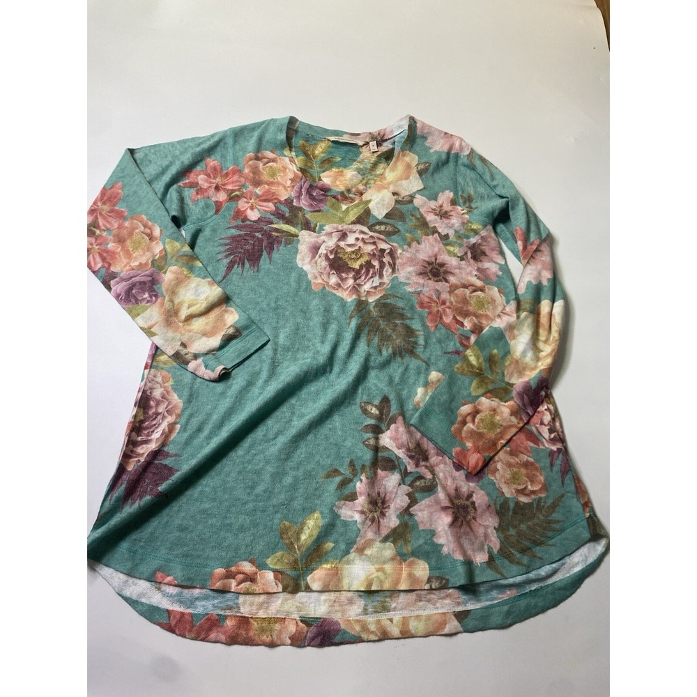 Soft Surroundings Midnight Blooms V-Neck Floral Tunic Sweater Women's Sz M Boho